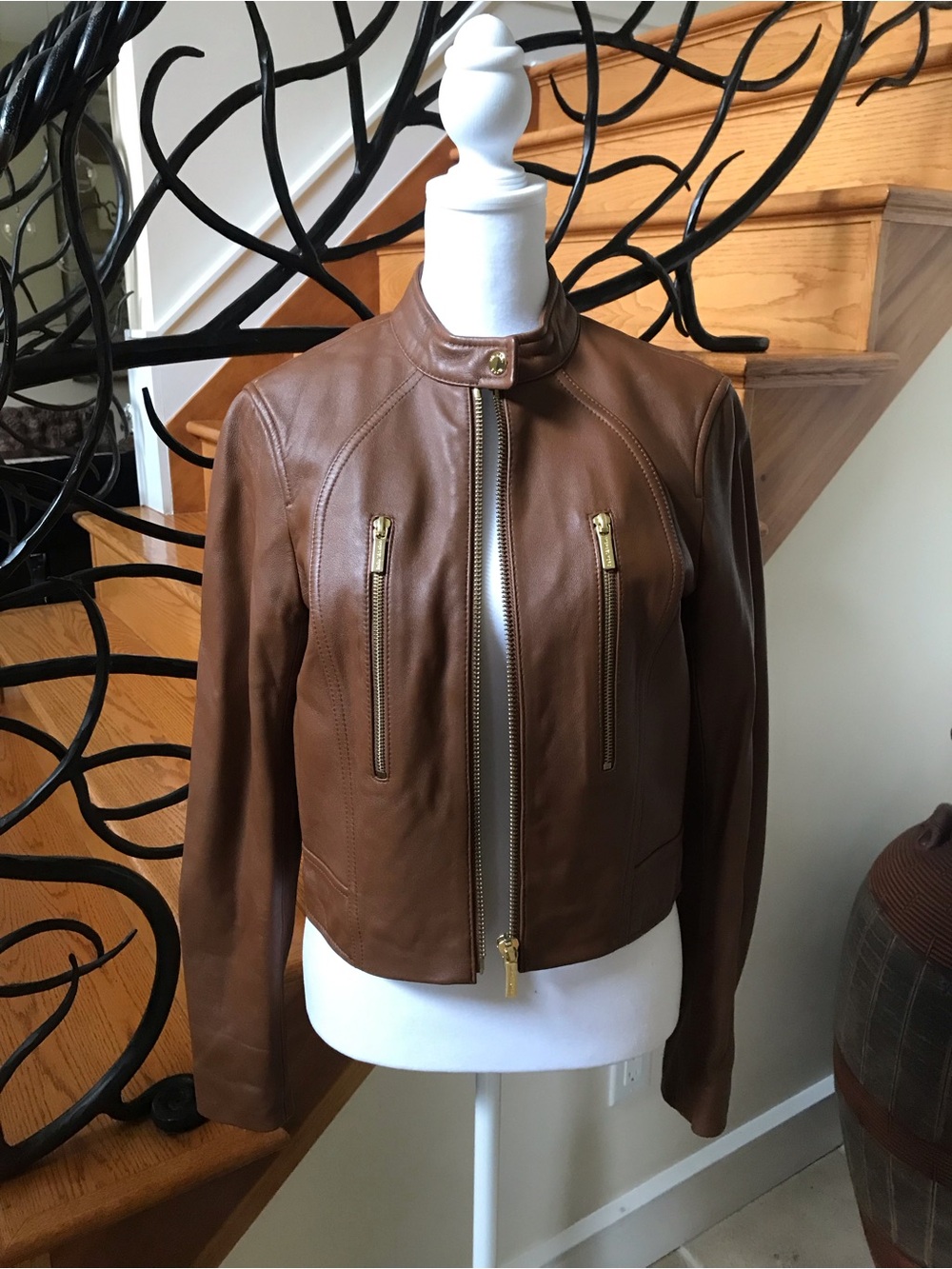 MICHAEL Michael Kors Cognac Leather Zip Front Moto Jacket